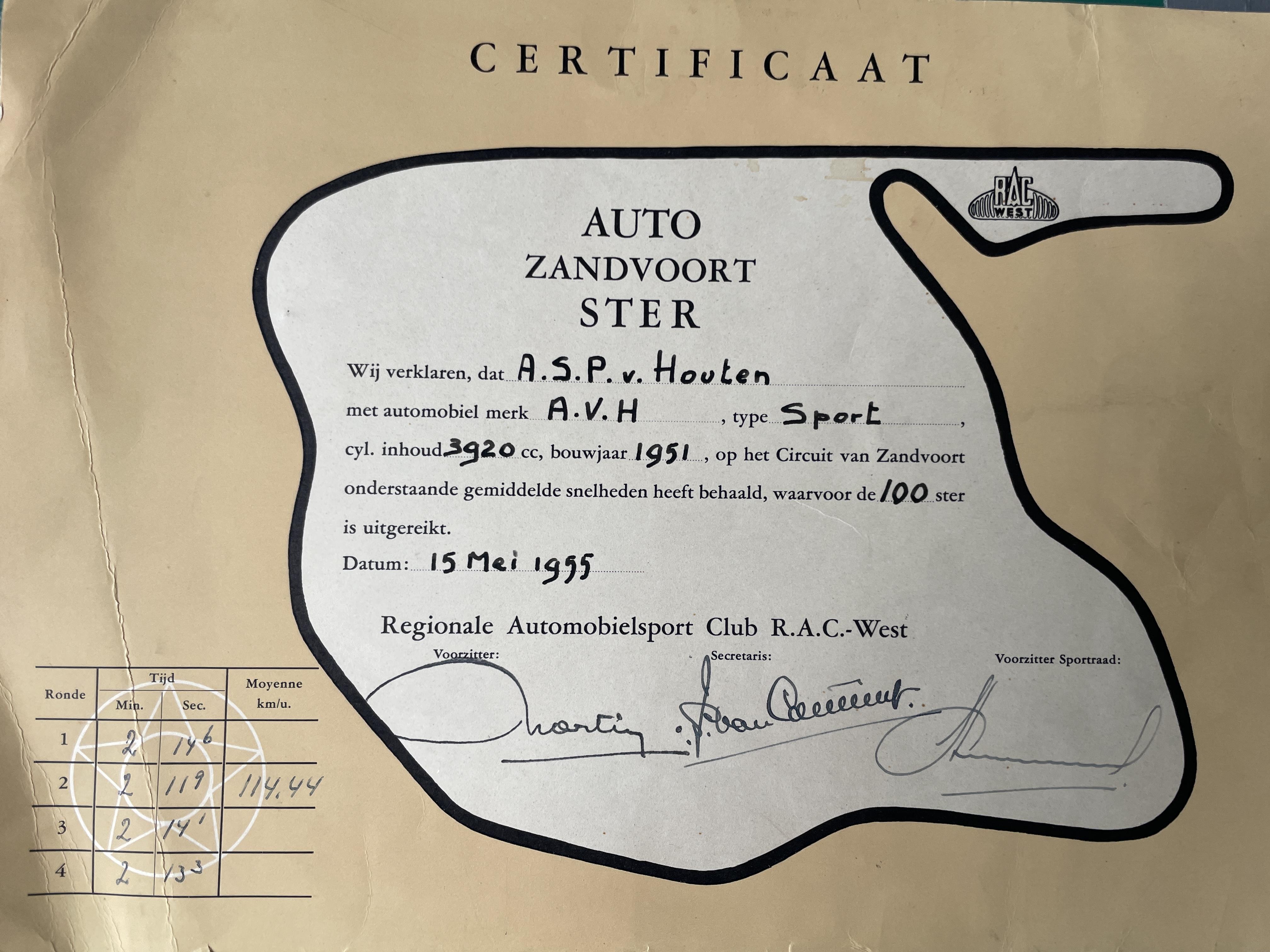 Officieel certificaat van de Regionale Automobielsport Club R.A.C.-West, uitgereikt aan A.S.P. van Houten op 15 mei 1955