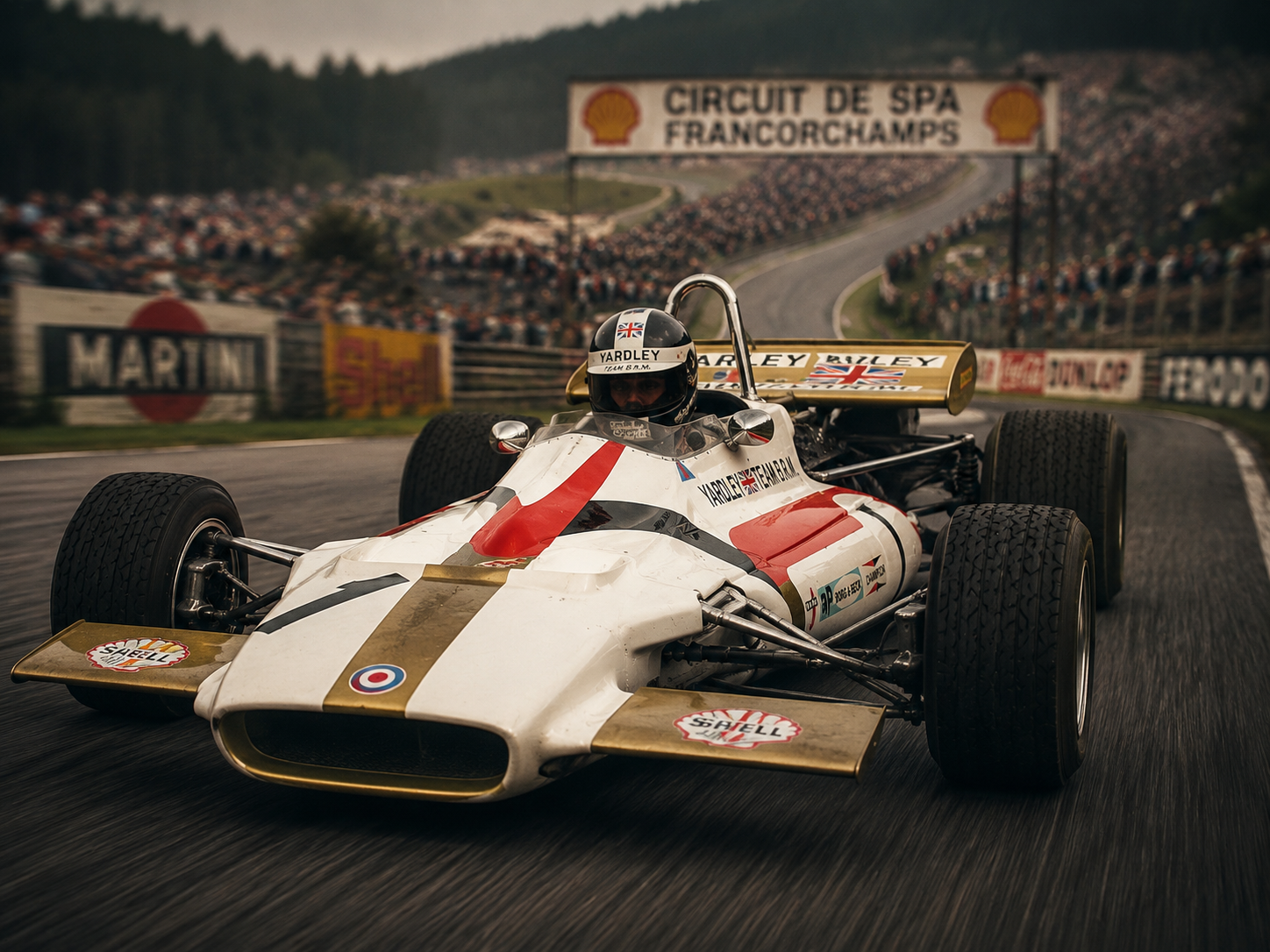 BRM P153 in Yardley-kleuren op het oude Spa-Francorchamps