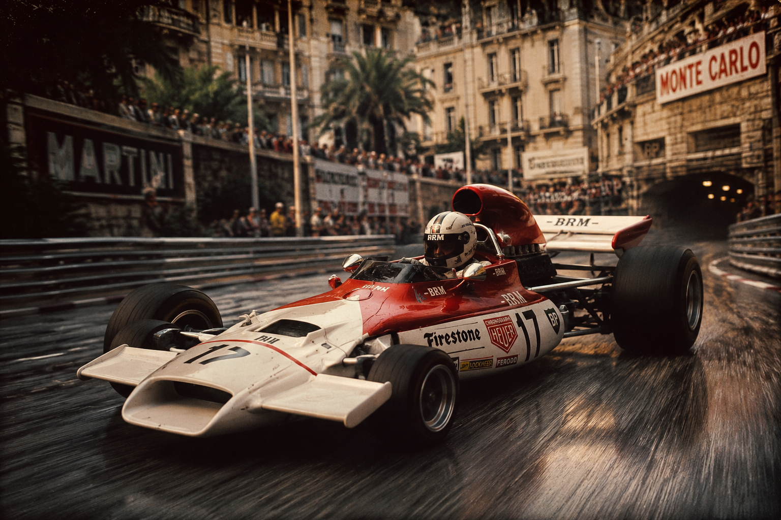 BRM P160B in actie tijdens de regen-Grand Prix van Monaco 1972