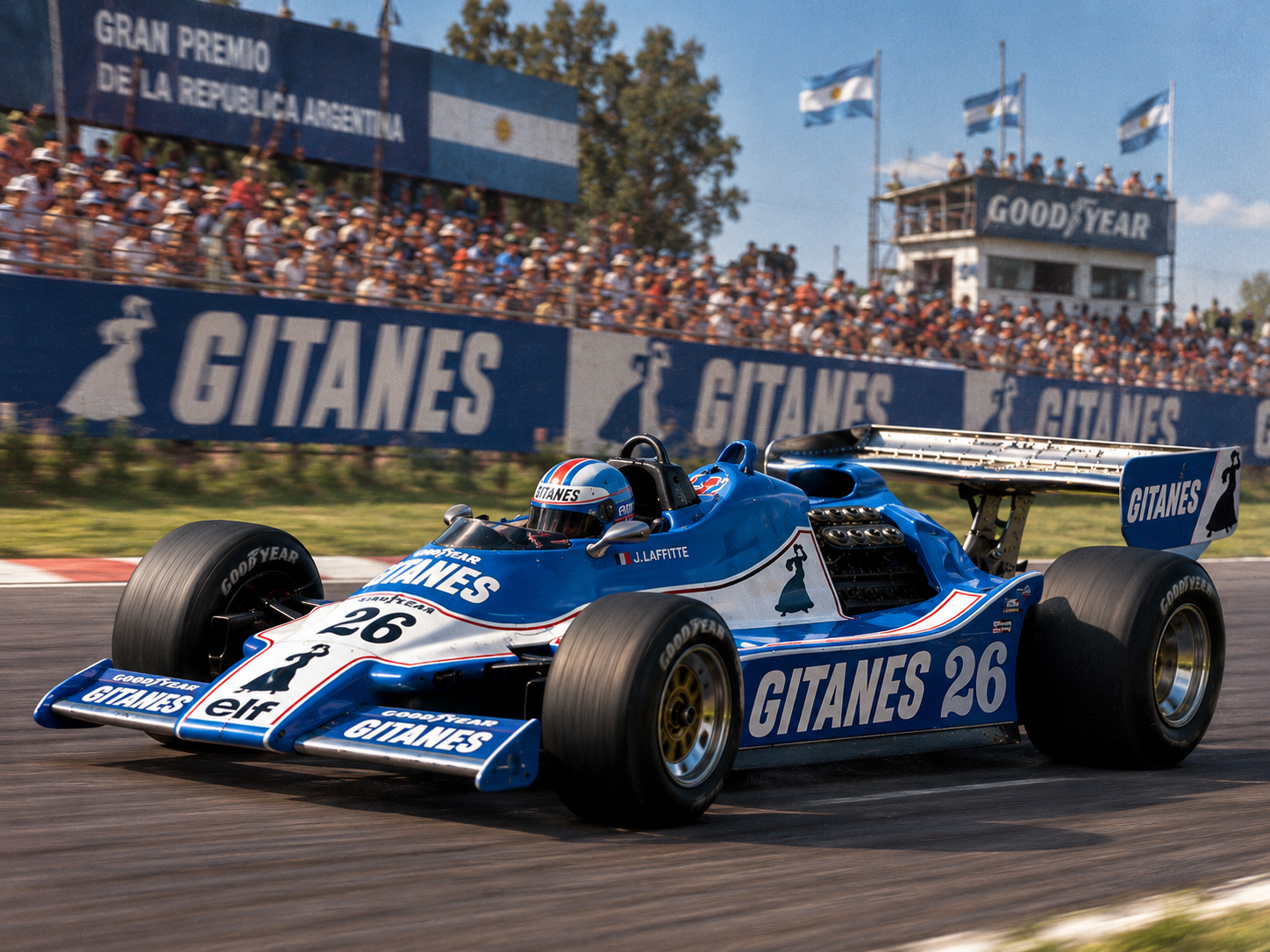 Ligier JS11 van Jacques Laffite op weg naar de zege in de Grand Prix van Argentinië 1979
