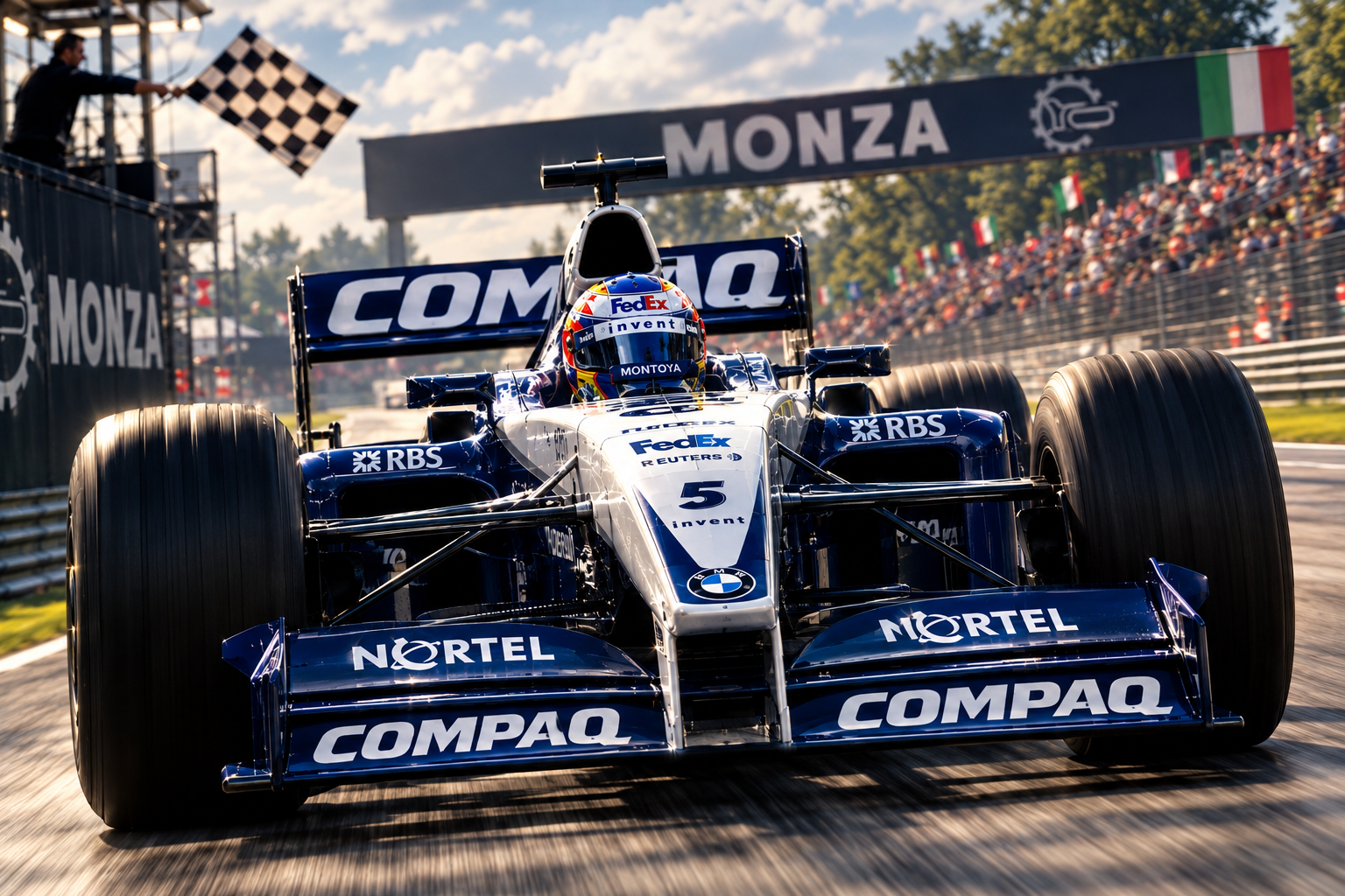 Williams FW23 van Juan Pablo Montoya op weg naar zijn eerste overwinning, Monza 2001
