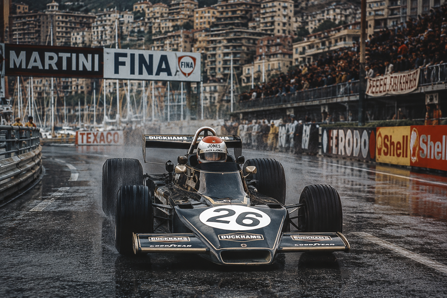 Hesketh 308B in de straten van Monte Carlo tijdens de Monaco Grand Prix 1975