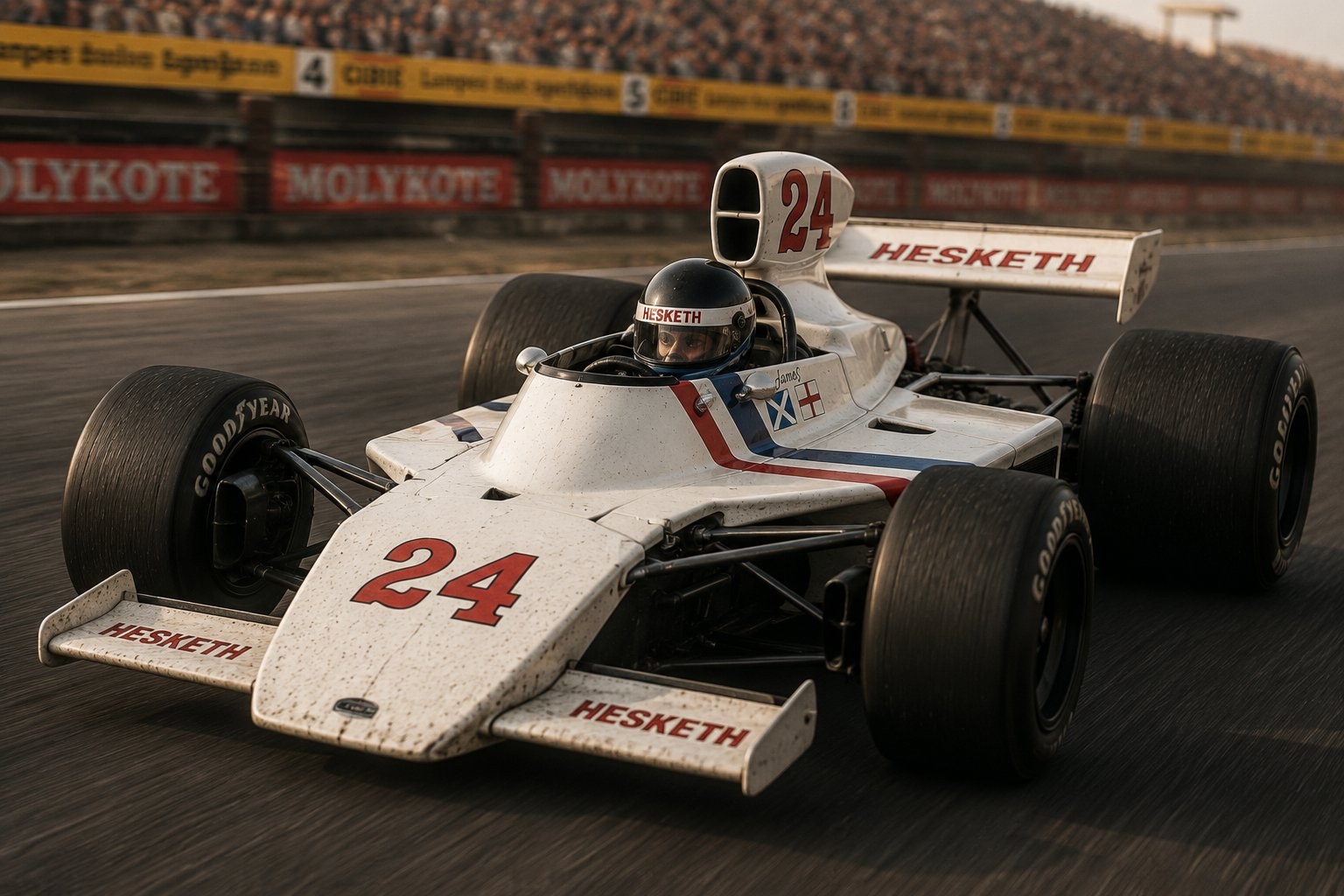 Hesketh 308B in actie op het circuit met James Hunt achter het stuur