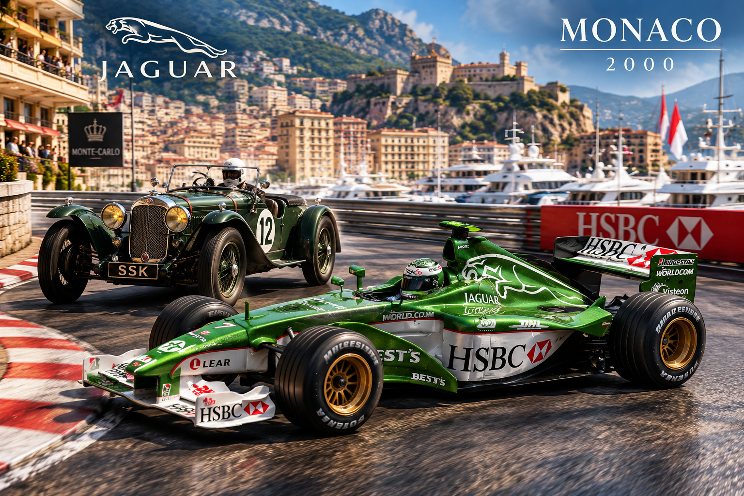 Jaguar R1 van Eddie Irvine in British Racing Green langs de vangrails van Monaco, 2000