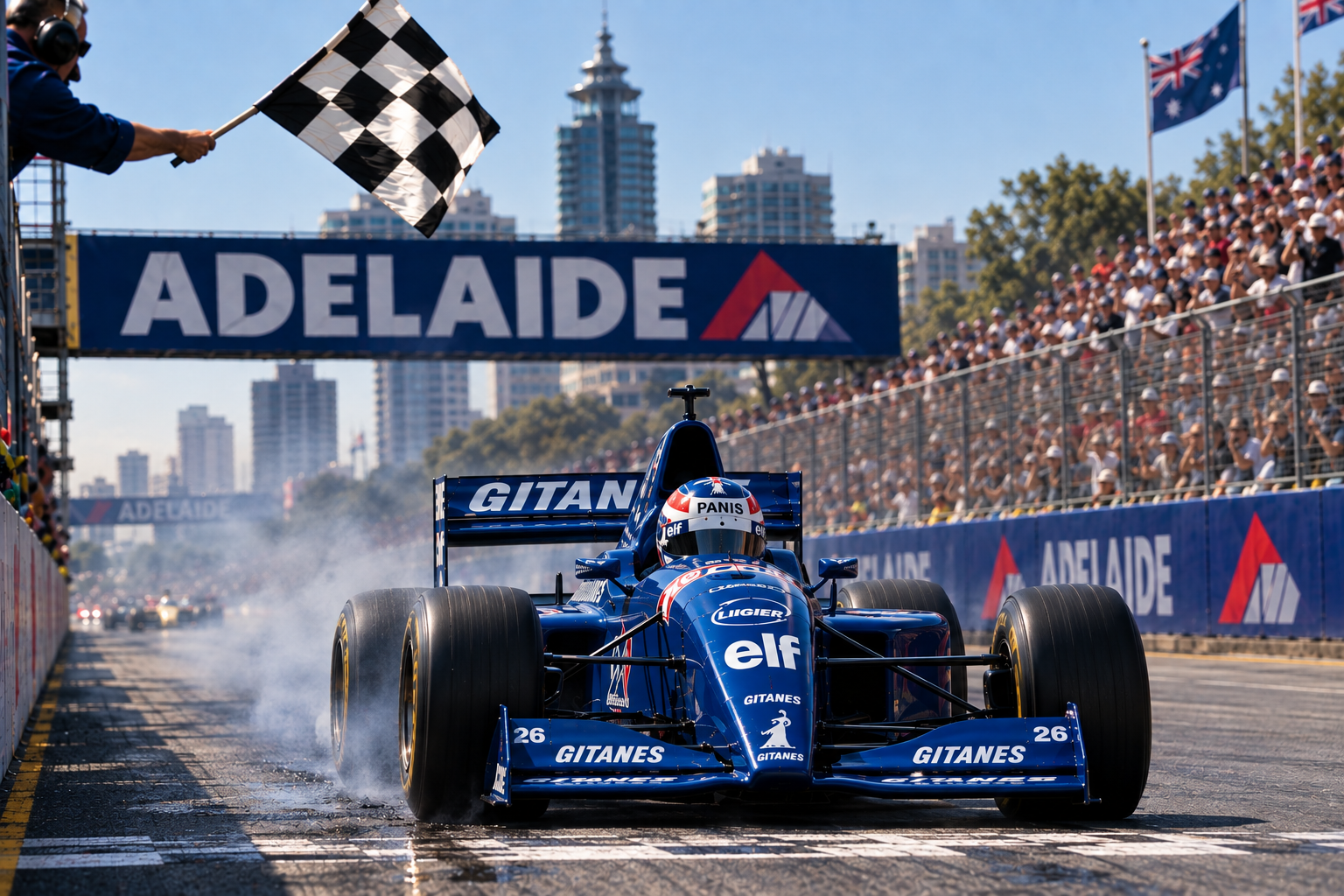 Ligier JS41 van Olivier Panis in actie tijdens de Grand Prix van Australië 1995 in Adelaide