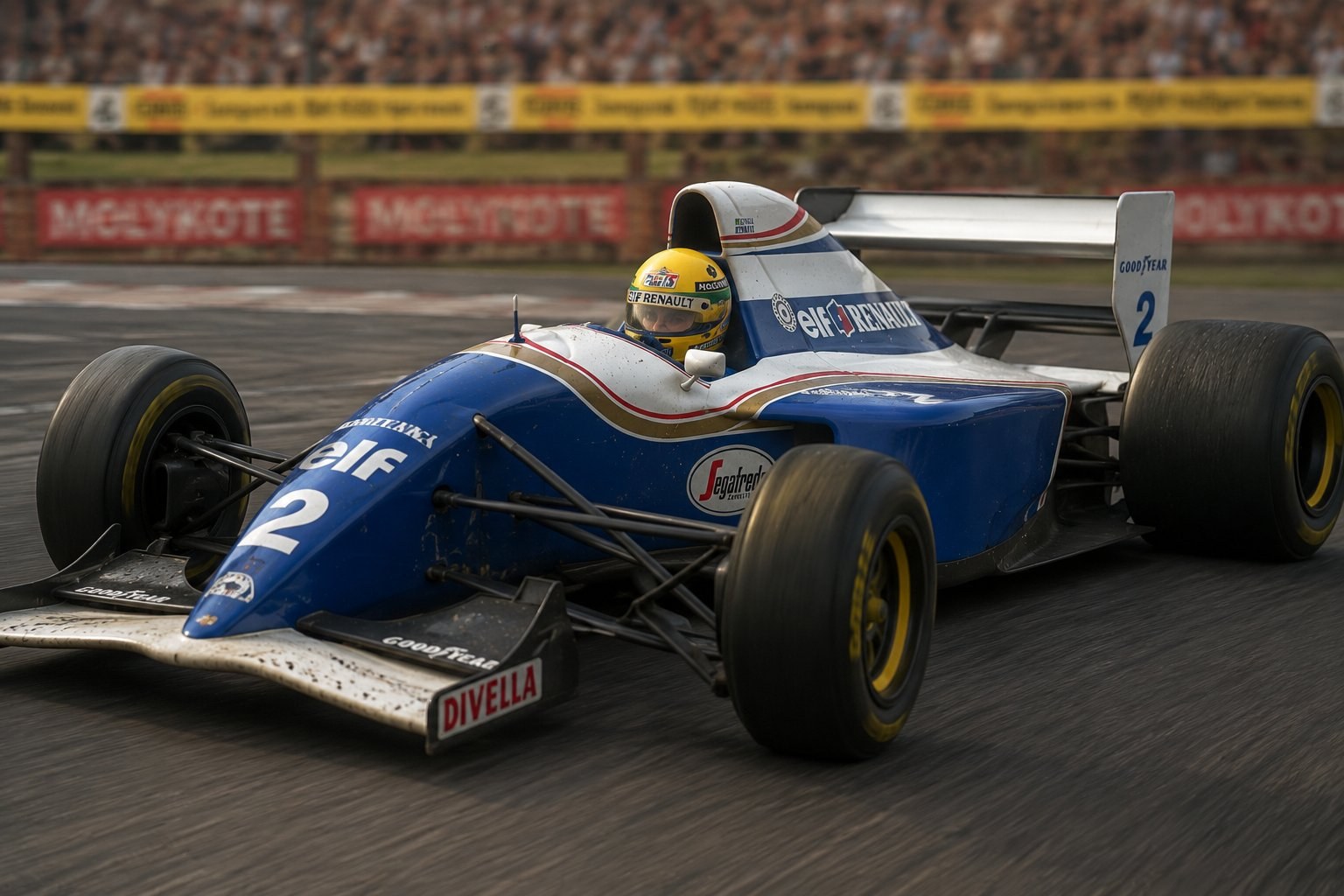 Williams FW16 met Senna's helm in actie op het circuit