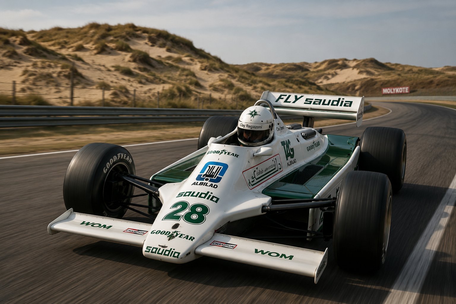 Williams FW07 met Saudia livery in actie op het circuit van Zandvoort