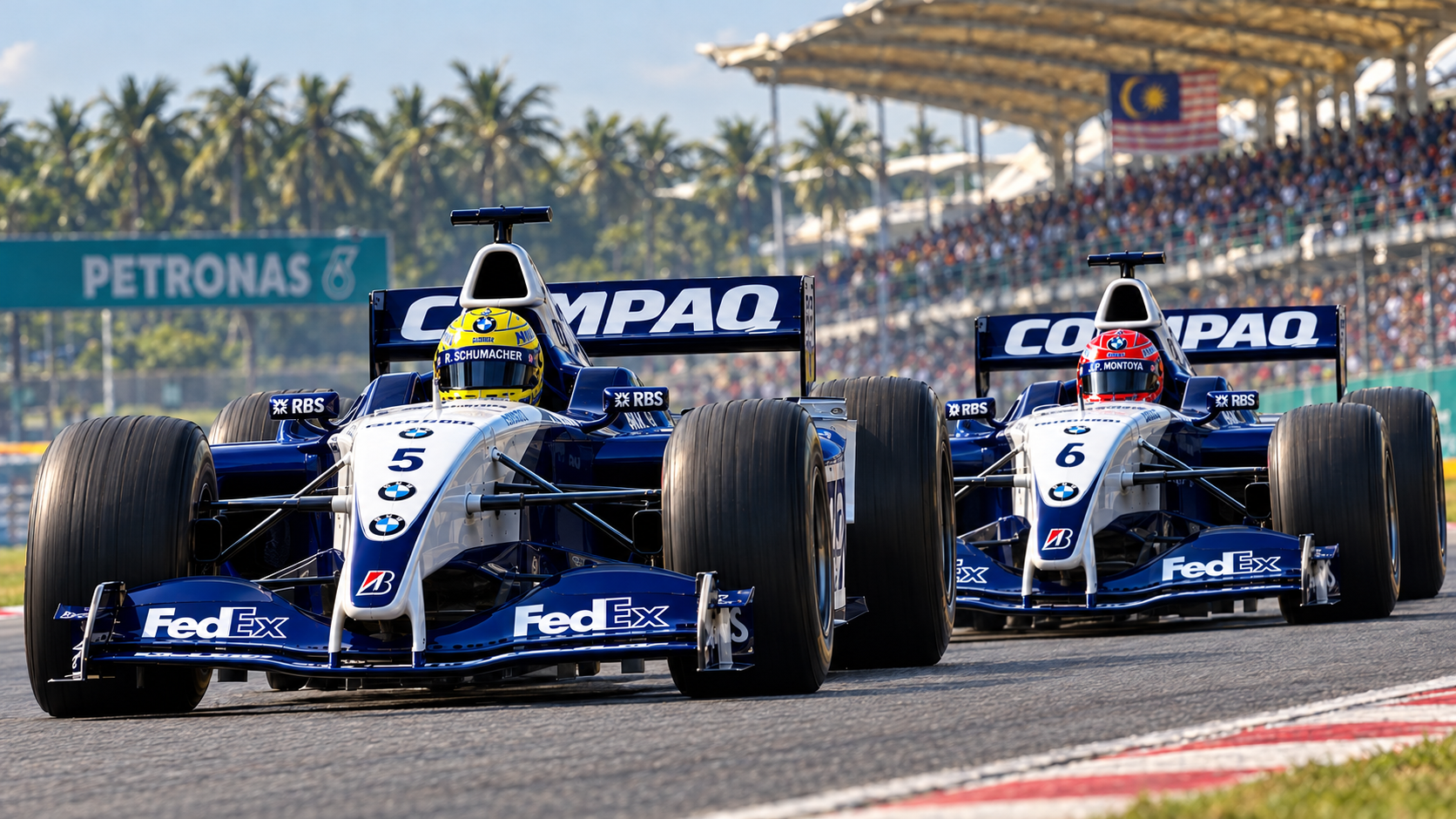 De twee Williams FW24's van Ralf Schumacher en Juan Pablo Montoya in de hitte van Sepang, 2002