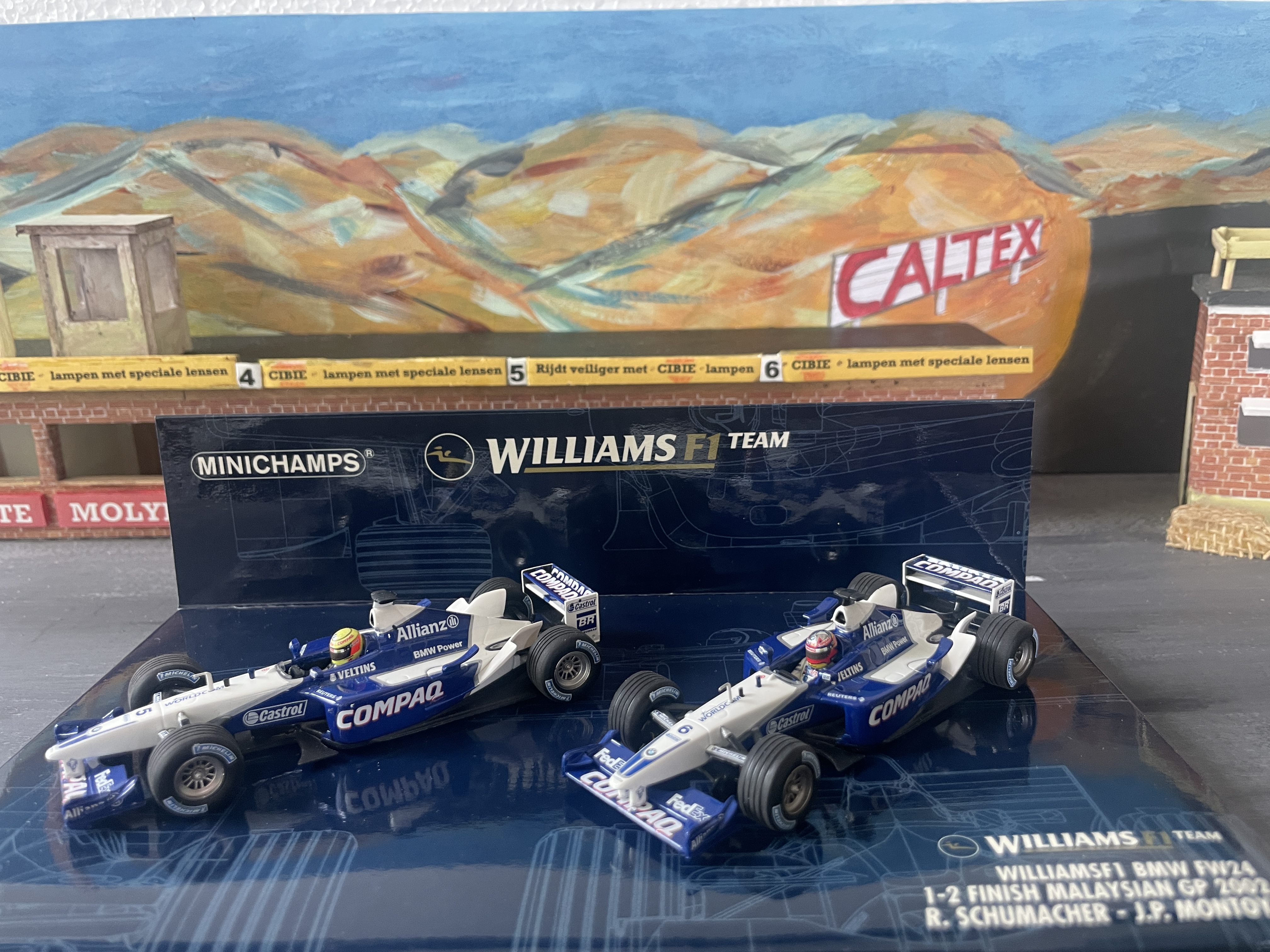 Minichamps-set Williams BMW FW24 met startnummers 5 en 6 in Compaq-blauw
