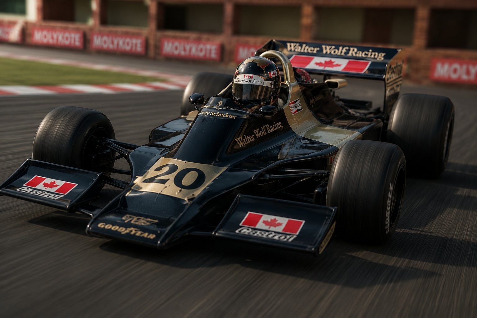 Wolf WR1 in actie met Jody Scheckter tijdens het seizoen 1977